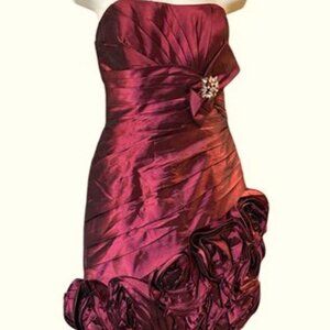 Bonny Burgundy Strapless Pleated Rosette Taffeta Mini Dress